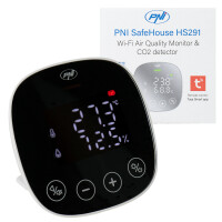Air quality and carbon dioxide (CO2) sensor PNI SafeHouse HS291 with Wi-Fi, control from the Tuya Smart application, CO2 monitoring, temperature, humidity, date and time display, settings menu, backup battery, sound and visual alarm