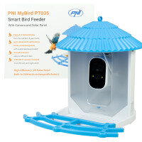 Smart bird feeder PNI MyBird PT035 with 4MP Wi-Fi camera and 3W solar panel, 2l food tank, dedicated application, motion detection, instant notifications, micro SD card slot, bidirectional audio, night vision